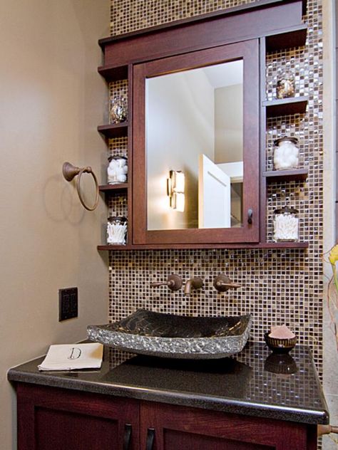 Earthy Bathroom, Farmhouse Backsplash, Black Granite Countertops, Mosaic Tile Backsplash, Storage Inspiration, Herringbone Backsplash, Powder Room Design, Transitional Bathroom, Small Bath