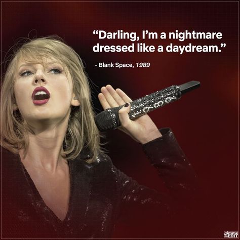 "Darling I'm a nightmare dressed like a daydream." | Taylor Swift Lyrics | Blank Space | Lyric Quotes | 1989 Taylor Swift Blank Space Lyrics, 90 Art, Dressed Like A Daydream, Blank Space Taylor Swift, Youtube Quotes, Taylor Swift Lyric Quotes, Swift Lyrics, Words Wallpaper, Word Searches