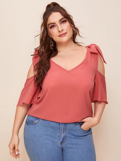 Plus Double Bow Cold Shoulder Blouse | SHEIN USA Women Blouses Fashion, Summer Plus Size, Double Bow, Casual Day Outfits, Plain Tops, Cold Shoulder Blouse, Flounce Sleeve, Mid Size, Plus Size Top