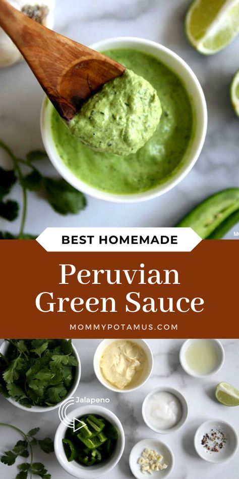 Aji Pepper, Peruvian Green Sauce Recipe, Aji Amarillo Sauce, Olive Burger, Aji Verde Sauce, Enchiladas Green, Peruvian Green Sauce, Pasta Green, Green Sauce Recipe