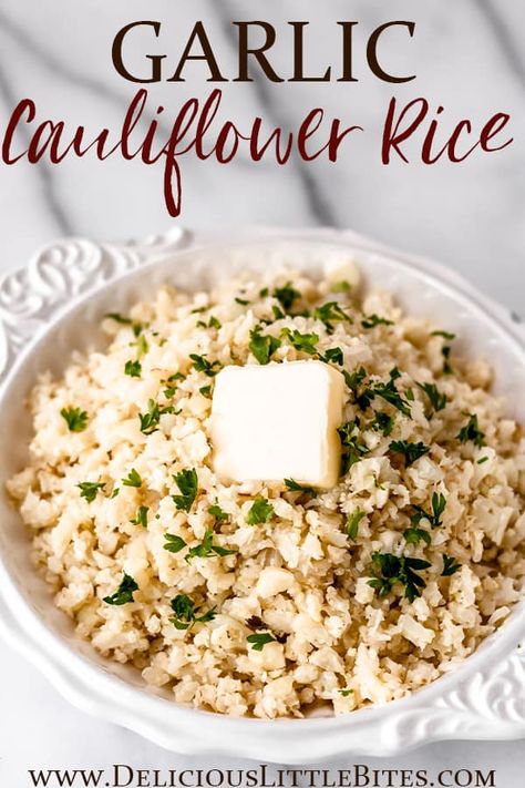 Garlic Cauliflower Rice, Cauliflower Cakes, Garlic Cauliflower, Rice Side Dish Recipes, Delicious Low Carb Recipes, Pasta Side Dishes, Vegetable Side Dishes Recipes, Rice Side Dishes, Low Carb Appetizers