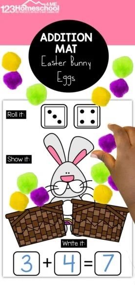 This clever spring math activity for Kindergartners uses our free bunny printable and dice. Simply roll, fill in, and solve the addition math puzzles! This bunny math is perfect for spring themes, extra practice for Kindergarten, or math centers too. Butterfly Math Activities, Math Addition Games, Spring Math Activities, Easter Kindergarten, Free Worksheets For Kids, Addition And Subtraction Practice, Math Mats, Spring Math, Thanksgiving Math