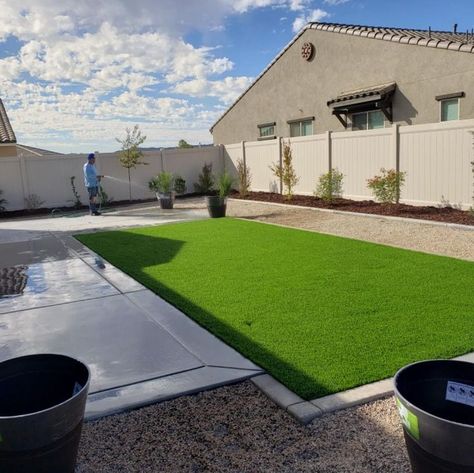 Simple Artificial Grass Backyard, Half Concrete Half Grass Backyard, Large Rectangle Backyard Ideas, Turf With Paver Border, Backyard Patio Designs Artificial Turf, Grass And Cement Backyard, Small Backyard Turf Ideas, Basic Backyard Landscaping, New Build Backyard Landscaping Ideas