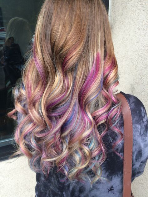 Colors! Metallic Sunset Hair, Hint Of Color Hair, Pops Of Color In Hair, Colorful Highlights In Blonde Hair, Subtle Hair Color Fun For Blondes, Colored Balayage Fun, Mermaid Highlights, Dyed Hair Tips, Unicorn Hair Color