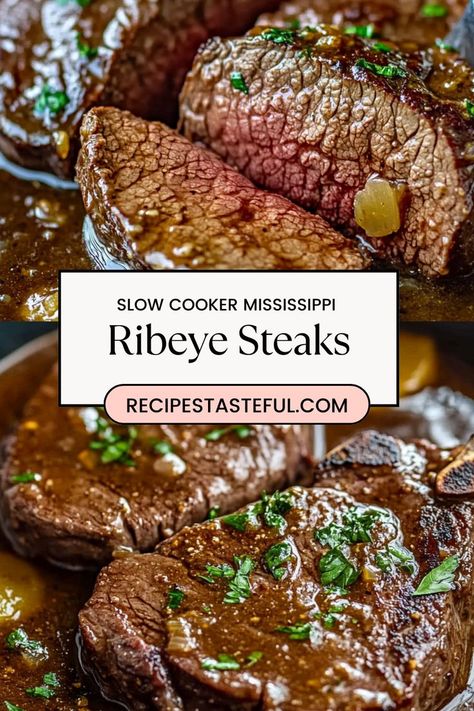 Indulge in tender, flavorful Slow Cooker Mississippi Ribeye Steaks—perfectly cooked and seasoned for melt-in-your-mouth enjoyment. With savory spices and a tangy twist from pepperoncini peppers, this easy slow-cooker recipe brings restaurant-quality steak to your dinner table with minimal effort. Ideal for busy weeknights or cozy family dinners. Mississippi Roast, Au Jus Gravy, Pepperoncini Peppers, Easy Slow Cooker Recipes, Ribeye Steak, Herb Butter, Easy Slow Cooker, Breakfast For Dinner, Fresh Salads