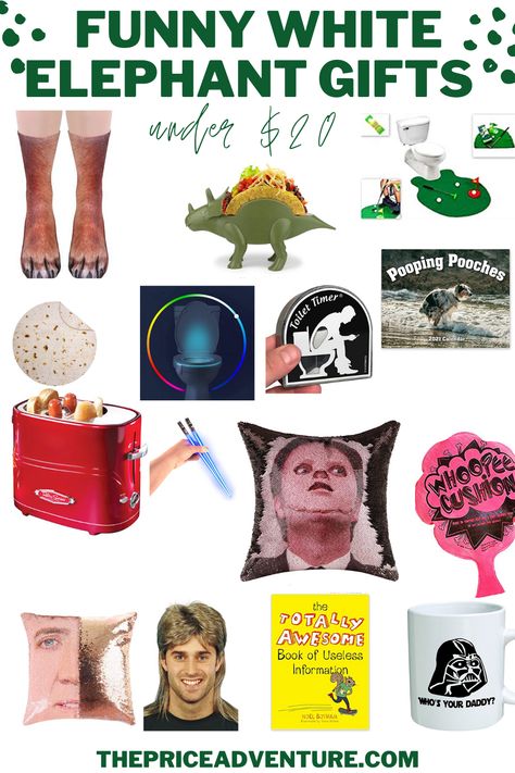 Looking for white elephant gift ideas that everyone at the party will laugh at? Here are 40 ideas to bring to the next gift exchange. Show up with a gift that everyone loves with these white elephant gift exchange ideas! Yankee Swap | Dirty Santa | White Elephant | Funny Christmas Gifts | Gag Gifts | Gifts Under $10 | Gifts Under $20 | #christmas #christmasgifts Dirty Santa Gift Ideas Funny, White Elephant Gift Exchange Ideas Funny, Christmas White Elephant Gifts, Elephant Gift Exchange Ideas, Dirty Santa Gift Exchange, Elephant Gifts Christmas, Elephant Funny, White Elephant Christmas, Yankee Swap