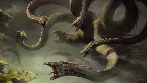 Hydra illustration fantasy art #creature #hydra #1080P #wallpaper #hdwallpaper #desktop Hydra Monster, Triune Brain, Film Harry Potter, Mythical Animal, Digital Art Gallery, Giant Monsters, Game Illustration, Mythological Creatures, Sea Monsters