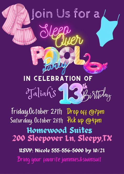 Sleepover pool party Sleepover Flyer, Hotel Pool Party, Swim Party Invitations, Night Pool Party, 13th Birthday Party, Sleepover Invitations, 11 Birthday, Pijama Party, School Morning