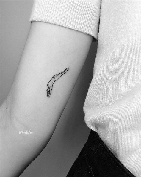 Tattoo Ideas - Resources & Inspirations for Creatives Fine Line Swimmer Tattoo, Person Swimming Tattoo, Bread Tattoo Small, Diving Woman Tattoo, Tattoos For Swimmers, Fins Tattoo, Pool Tattoo Ideas, Swimmer Tattoo Ideas, Small Tattoos On Arm