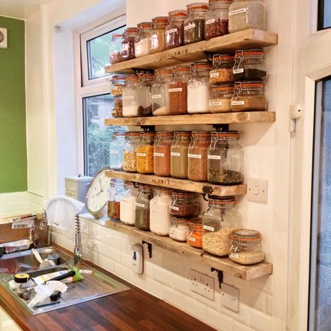 Kilner jar storage shelves from old scaffold boards and cast iron brackets upcycled for a great look in our kitchen remodel spice racks White Kitchen Wall, Wall Mounted Kitchen Shelves, Kitchen Wall Rack, Kitchen Wall Organizer, Small Apartment Storage, Extra Kitchen Storage, Kitchen Shelves Organization, Kitchen Wall Storage, Kitchen Storage Ideas