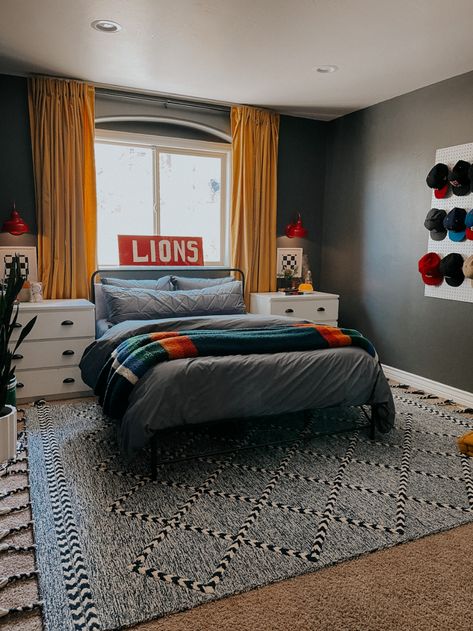 Teen Boy Bedroom Slanted Ceiling, Boys Room Gray Walls, Boys Room Wallpaper Teenage, Boys Hat Wall, Masculine Boys Bedroom, 8 Year Boy Bedroom Ideas, Teen Boy Bedroom Colors Paint Ideas, Teen Boy Beds, Boys Gray Bedroom Ideas