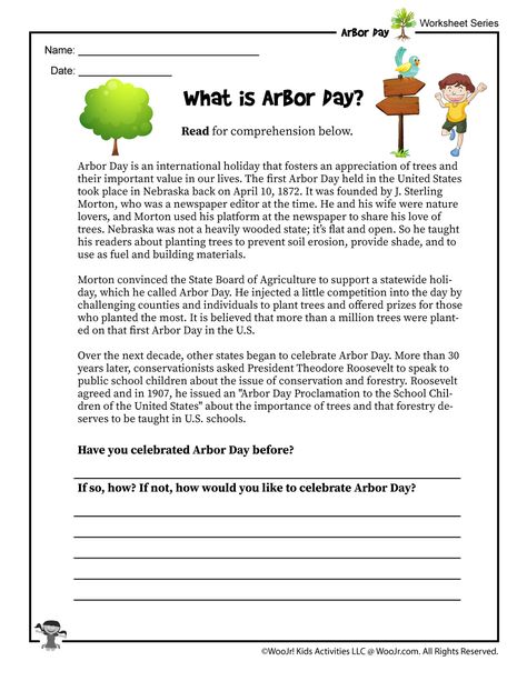 Arbor Day for Kids Reading Worksheet Arbor Day Activities For Kids, Preschool Movement Activities, Importance Of Trees, Arbor Day, Learning Worksheets, Movement Activities, Arbour Day, School Holiday, Context Clues