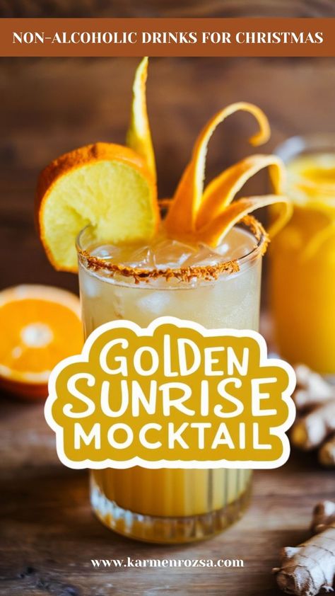 Golden Sunrise Mocktail-Non-alcoholic drinks for winter. Easy, 5-minute drinks recipes. Add a touch of luxury to your gatherings with these golden mocktails for New Year's Eve. These mocktails for winter are perfect for keeping the party going without the alcohol. A great option for guests who prefer non-alcoholic drinks! Golden Mocktails, Alcohol Free Drink Recipes, Drinks For Winter, Sunrise Mocktail, Winter Drinks Alcoholic, Apple Cider Ingredients, Mocktail Party, Winter Gathering, Golden Sunrise