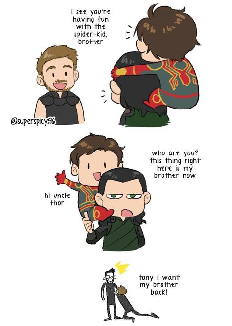 Loki and peter 2/2 Irondad Spiderson, Superfamily Avengers, Marvel Headcanon, Thor X Loki, Funny Marvel Memes, Avengers Comics, Marvel Avengers Funny, Avengers Memes, Loki Marvel