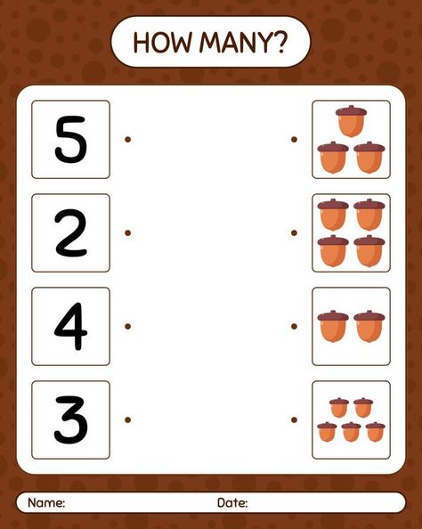 How many counting game with acorn. worksheet for preschool kids, kids activity sheet Acorn Preschool, Preschool Addition, Counting Worksheet, Worksheet For Preschool, Activity Sheets For Kids, Counting Games, Kids Activity, Preschool Math, Cityscape Photos