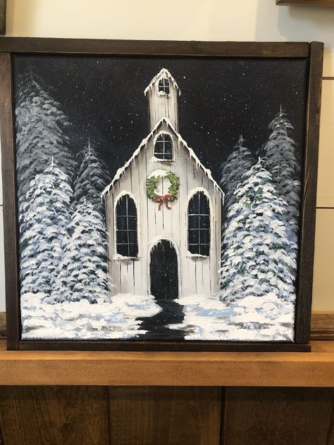 Childrens Art Projects, Christmas Canvas Art, Barn Painting, Christmas Artwork, Painting Snow, Christmas Painting, Christmas Tree Painting, Holiday Painting, Winter Painting