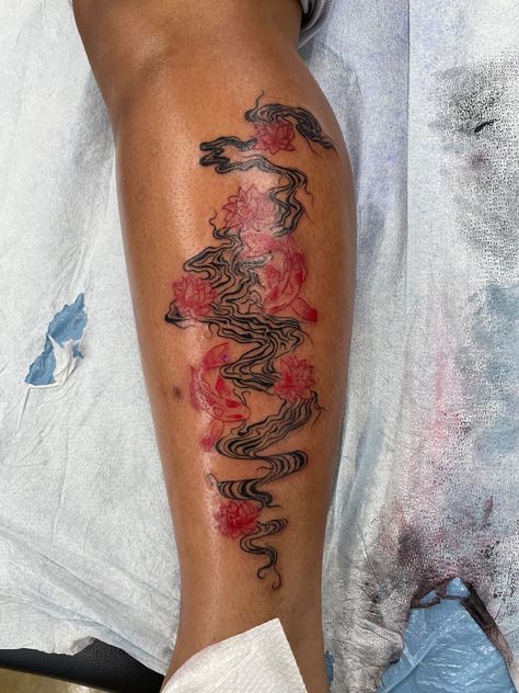 Red And Black Tattoo Forearm, Red And Black Ink Tattoo Sleeve, Time Warp Tattoo, Red Ink Tattoo On Brown Skin, Coverup Tattoo Ideas For Women Cover Up Lower Backs, Color Tattoos Black Women, Tattoo Ideas To Fill In Space, Red Tattoos For Women Dark Skin, Black And Red Sleeve Tattoo Women