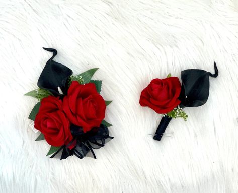 Corsage Red And Black, Black Corsage Prom, Black Corsage And Boutonniere, Red And Black Corsage, Boutineer Wedding, Red Corsages, Red Boutonniere, Black Corsage, Black Calla Lily