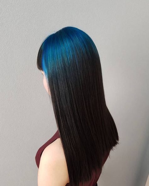 LOVING this cool blue root by @nanameuw- try our Blue Velvet + Eclipse Black for a similar look! #lunartides #bluehair Black Hair With Blue Roots, Colored Roots With Black Hair, Colored Hair Roots, Ponytail Weave, Braids Small, Goddess Braid, Blue Roots, Dark Purple Hair, Blue Black Hair