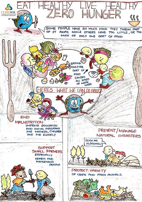 Clinosol student forum conducted an eventA comic poster competition -Disease awarenessZero Hunger poster done by Geervani (Sri Vidyanikethan college of pharmacywon a consolation prize. Zero Hunger Poster Drawing, Food Awareness Poster, Food Waste Awareness Poster, Sustainable Development Poster Sustainability, Zero Hunger Poster Ideas, Zero Hunger Poster, Poster Sustainability, Sustainable Development Poster, Sdg Goals