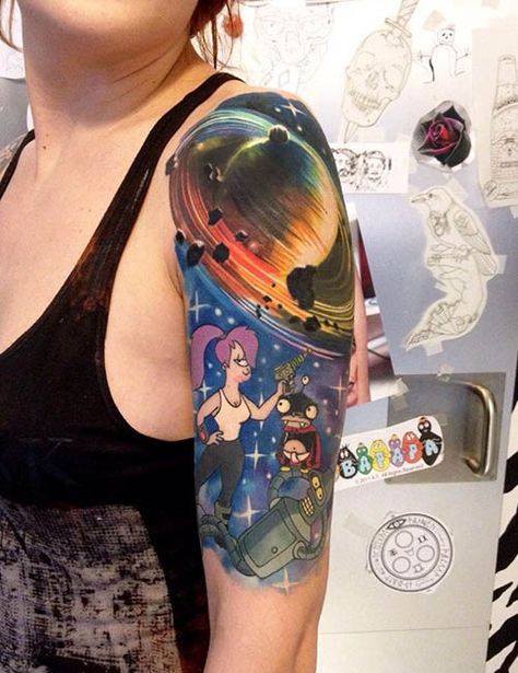 Futurama Tattoos | Inked Magazine Nibbler Futurama, Science Fiction Tattoo, Geek Tattoo Ideas, Universe Tattoo Ideas, Fiction Tattoo, Futurama Tattoo, Space Sleeve, Swing Tattoo, Sam Tattoo