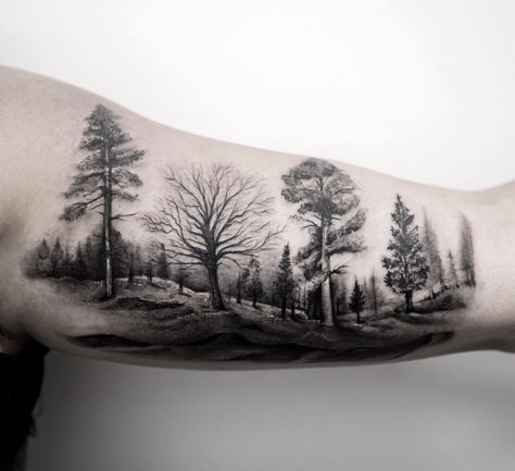 Happy little #trees #bobross # 328broome #nyc #tattooartist #realism #blackandgray #inkedmag #beautiful #design #fashion #art #bangbangtattoo #bangbangnyc #bestink #instalike #picoftheday #doubletap Faces Sketch, Tree Sleeve Tattoo, Inner Arm Tattoos, Illustration Kunst, Landscape Tattoo, Forest Tattoos, Tree Tattoo Designs, Inspiration Tattoos, Tattoos Geometric