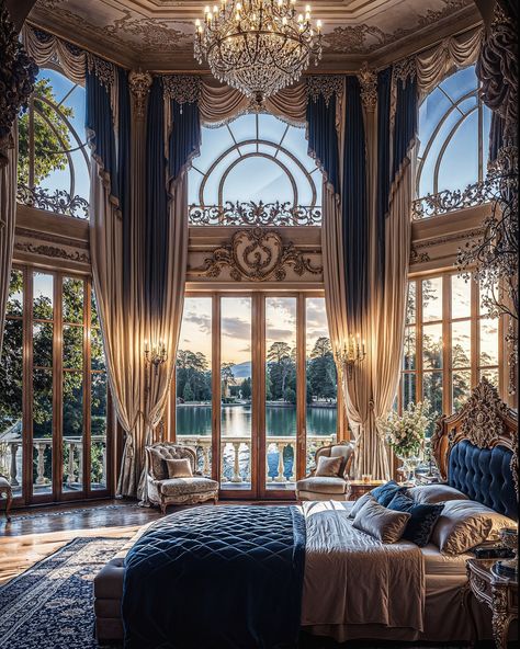 Royality ⚜️ French Mansion 🏯 The Great Gatsby Mansion, French Mansion Interior, Manor Bedroom, French Mansion, Mansion Bedroom, Bedroom With Balcony, Castle Bedroom, Interior Model, Bedroom Balcony