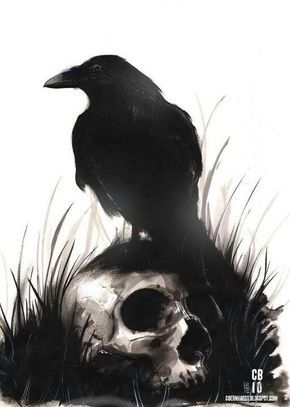 Raven and skull Fenrir Tattoo, Rabe Tattoo, Crow Tattoo, Crow Art, Raven Tattoo, Raven Art, Raven Skull, Crows Ravens, 다크 판타지