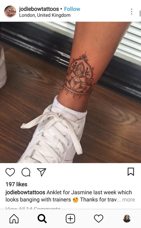 Ankle Tattoos For Women Mandala, Mandala Foot Tattoo, Animal Design Tattoo, Mandela Tattoo, Lower Leg Tattoos, Catrina Tattoo, Ankle Tattoos For Women, Boho Tattoos, Anklet Tattoos