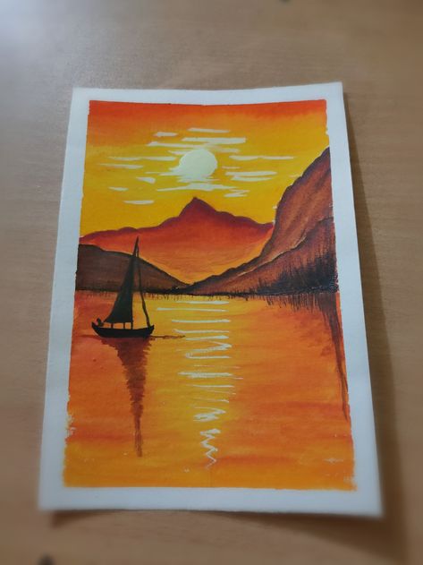 #sunset #painting #watercolor #river #boat Sunset Painting Watercolor, Sunset Drawing, Sunset Watercolor, Boat Drawing, River Painting, Coffee Painting, Watercolor Sunset, Boat Painting, River Boat