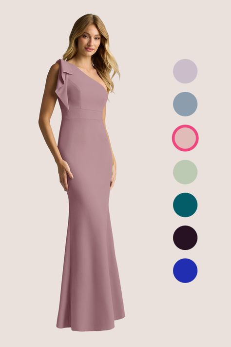 Style your leading ladies in the Rinna bridesmaid dress for a bold and modern look. Cut from crepe, she features a one-shoulder strap adorned with a dramatic bow. The mermaid skirt gives an added touch of sophistication. Pink One Shoulder Bridesmaid Dresses, Dusty Rose Bridesmaid Dress, Dusty Rose Bridesmaid, Rose Bridesmaid Dress, Dusty Rose Bridesmaid Dresses, One Shoulder Bridesmaid Dresses, One Shoulder Bridesmaid, Shoulder Stretch, Mermaid Skirt