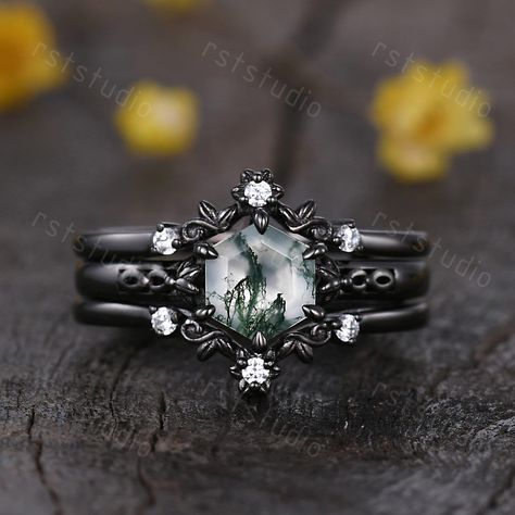 Vintage Hexagon Cut Moss Agate Floral Engagement Ring Set Unique Diamond Bridal Set Dark Promise Wedding Set Black Gold Wedding Band Gift Promise Ring Women Anniversary Gift Christmas Gift 14K Rose Gold / White Gold / Yellow Gold Center Stone: Natural Moss Agate Stone(Every stone is different,if you need special one, please contact us) Measurements: 6x7mm Cut: Hexagon Cut band width(bottom) approx 1.5mm Enhancer Matching band: Stone: 0.1ct Natural SI-H Diamond Prongs pave set Jewelry Maintenance Stone Wedding Rings Women, Cheap Unique Engagement Rings, Spooky Wedding Rings, Viking Wedding Ring Sets, Earthy Engagement Rings Nature, Dark Fantasy Engagement Ring, Dark Engagement Ring Unique, Wedding Rings Goth, Black Band Engagement Ring