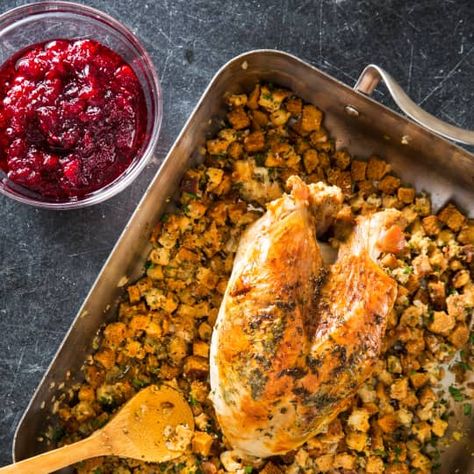 One-Pan Roast Turkey Breast with Herb Stuffing and Cranberry Sauce | America's Test Kitchen Pan Roast, Cooking Turkey Breast, Roast Turkey Recipes, Herb Stuffing, Roast Turkey Breast, America's Test Kitchen Recipes, Roast Turkey, Turkey Recipes Thanksgiving, America's Test Kitchen