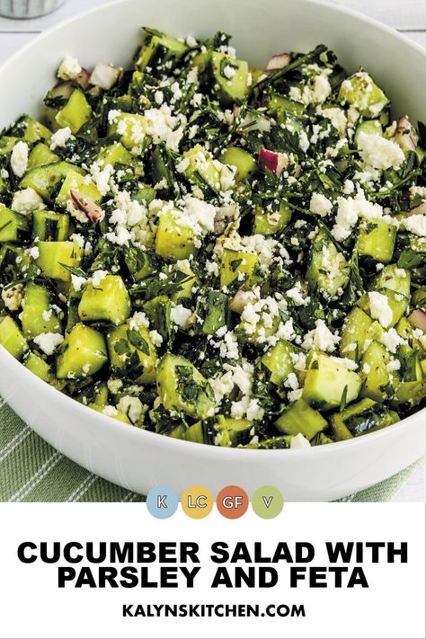 "Pinterest Image of Cucumber Salad with Parsley and Feta showing salad in white serving bowl on green napkin." Cucumber Parsley Salad, Lebanese Salad, Parsley Recipes, Parsley Salad, Lunch Sides, Feta Cheese Salad, Super Salads, Salad Salad, Radish Salad