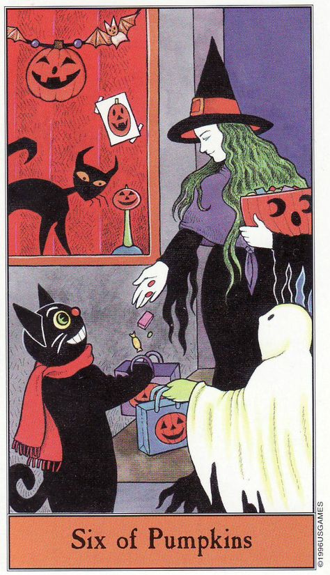 The 6 of Pumpkins (also known as the 6 of Pentacles), from the Halloween Tarot by Kipling West (with Karin Lee). http://www.life-plan-blog.com/2015/10/31/todays-tarot-happy-halloween-trick-or-treat/ Halloween Tarot, Tarot Significado, Black Kitty, Pumpkin Cards, Pentacles, Tarot Cards Art, Rider Waite, Tarot Card Meanings, Minor Arcana