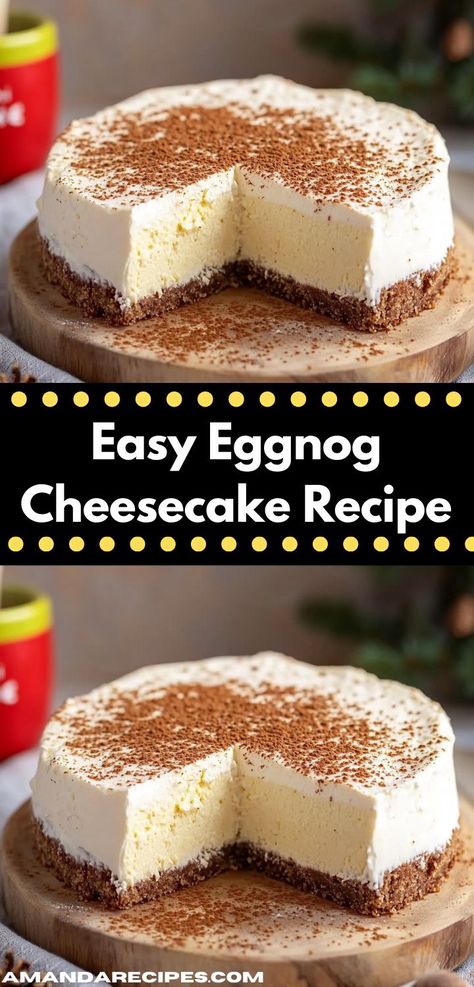 This eggnog cheesecake combines the classic flavors of eggnog with a smooth, velvety texture. Topped with whipped cream and a sprinkle of nutmeg, it's a delightful treat for any holiday gathering. Recipes Using Eggnog, Easy Eggnog Cheesecake, Eggnog Cake Recipe, Eggnog Cheesecake Recipe, Christmas Desserts Cakes, Eggnog Dessert, Eggnog Cake, Creamy Eggnog, Eggnog Cheesecake