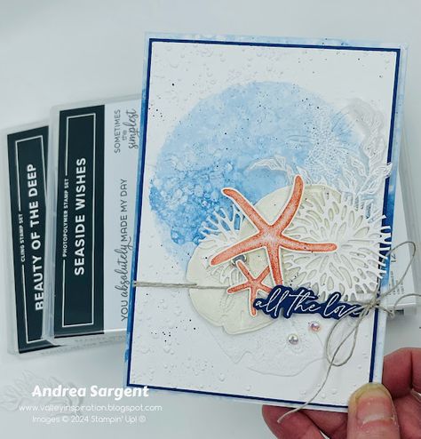 Blueberry Bushel Seaside Wishes Stampin Up cards, by Andrea Sargent, Australian Independent Stampin’ Up! Demonstrator, Adelaide southern foothills, South Australia Seaside Wishes Su Cards, Su Beach Day Cards, Stampin Up Seaside Wishes, Seaside Wishes Stampin Up Cards, Ocean Theme Crafts, Sea Plants, Beach Cards, Rose Arrangements, Summer Cards