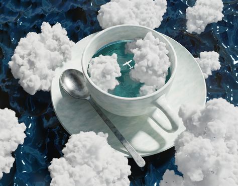 Cloud Concept Art, Artem Chebokha, Cloud Tea Cup, Pretty Screensavers, Blue Surrealism, Clouds In My Coffee, Cloud Surrealism, Composite Photography, Everything Is Blue