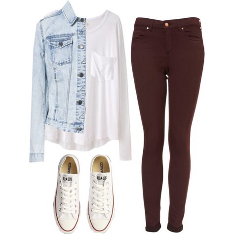 White blousy shirt, jean jacket, maroon pants and white tennies. perfect casual outfit! Maroon Pants, Looks Jeans, Mode Tips, Outfits With Converse, Mode Casual, Outfit Trends, Brown Pants, Mode Inspiration, Fall Winter Outfits