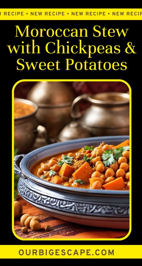 Moroccan Chickpeas And Sweet Potato Stew Recipe Morrocan Stew, Moroccan Chickpeas, Chickpeas And Sweet Potatoes, Moroccan Sweet Potato, Sweet Potato Vegetarian, Veg Stew, Africa Recipes, Moroccan Stew, Sweet Potato Stew