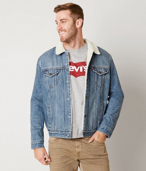 Levi's® Sherpa Trucker Jacket - Men's Coats/Jackets | Buckle Trucker Sherpa Jacket Outfit Men, Levis Men Outfits, Levi Sherpa Jacket Outfit, Sherpa Jacket Outfit Men, Levis Jacket Outfit, Jean Jacket Outfits Men, Sherpa Jacket Outfit, Denim Sherpa Jacket, Trucker Jacket Men