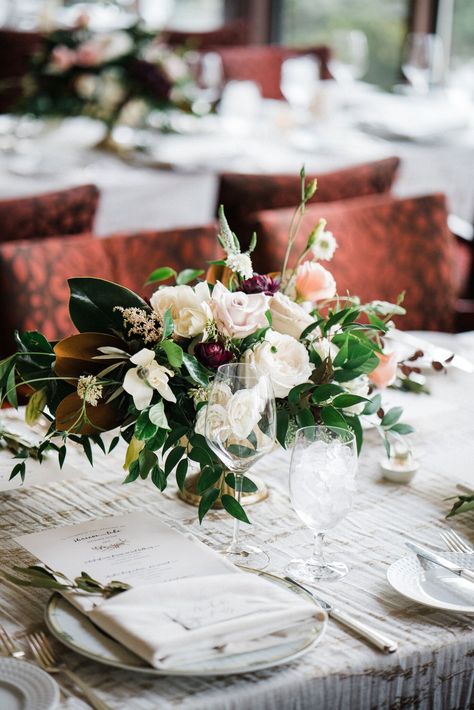 Chic Table Setting With Floral Centerpiece and Magnolia leaf accents | Planning : @callunaevents | Photography : @jamesandschulz | Florals : @theperfectpetal Magnolia Leaves Wedding, Blush Wedding Color Palette, Magnolia Centerpiece, Masculine Wedding, Peach Wedding Colors, White Dress Bride, Blush Weddings, Boulder Wedding, Blush Wedding Colors