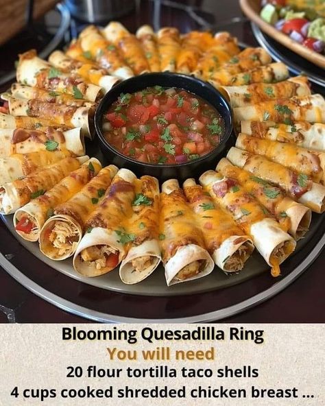 Celebrating Home With Betty Byrum | BLOOMING QUESADILLA RING  | Facebook Blooming Quesadilla Ring, Blooming Quesadilla, Quesadilla Ring, Rachel Ray, Pan Sizes, Quesadillas, Burritos, Cooking Time, Tacos