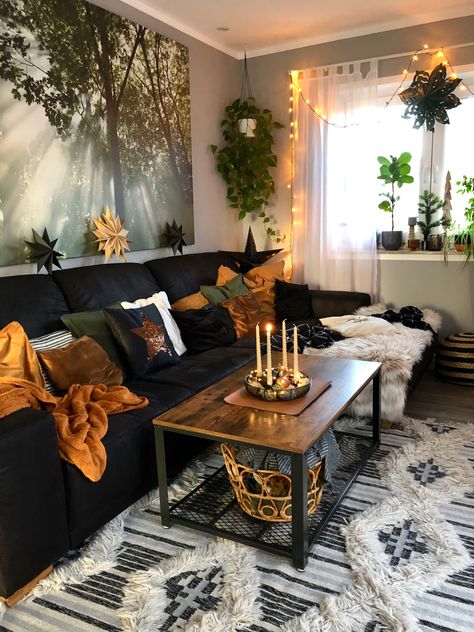 Boho Living Room Black Sofa, Modern Cozy African Decor, Black And Boho Living Room, Black Couch Bedroom, Black Sectional Boho Living Room, Black Boho Interior, Male Boho Living Room, Boho Black Couch, Boho Living Room With Black Sofa