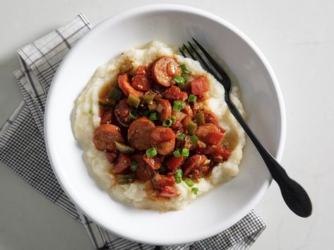 Paleo Mashed Cauliflower, Sausage Creole, Red Gravy, Cauliflower Mash, Mash Recipe, Tomato Gravy, Hot Sausage, Sausage Gravy, Andouille Sausage