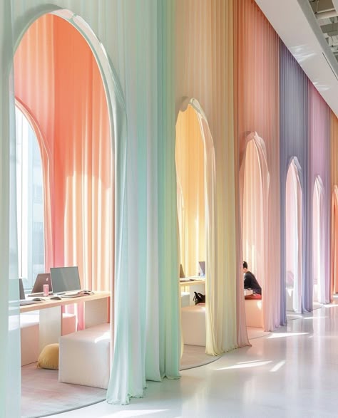 Soft Pastel Interior Design, Pastel Salon Decor, Fairy Tale Interior Design, Pastel Art Studio, Iridescent Interior Design, Creative Office Space Workspaces Design, Hermes Interior Design, Modular Design Architecture, Fuzzy Wall