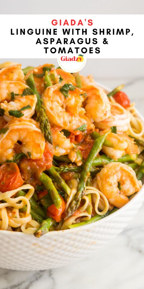 Need a fresh dinner idea? This linguine with shrimp, asparagus and tomatoes is light but satisfying. This dish has all of the colors and flavors of spring! Tons of fresh herbs and bright flavors make this a perfect recipe for the season. Giada De Laurentiis Shrimp Recipes, Shrimp Asparagus Linguine Recipe, Shrimp And Asparagus Recipes Pasta, Giada's Pasta Recipes, Pasta With Asparagus And Tomatoes, Shrimp Asparagus Recipes, Shrimp And Linguine Recipes, Asparagus Shrimp Pasta, Shrimp And Asparagus Recipes