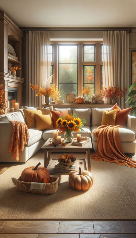 A cozy living room with an autumnal theme. Beige sectional sofa with blankets and pillows. Coffee table with fall decor. Wooden console table with decorative items. Sunlight adds to the cozy ambiance. Living Room Fall Ideas, Living Room Ideas Cream, Rust Room, Fall Farmhouse Living Room, Fall Family Room, Interiors 2024, Newest Ideas, Fall Living Room Ideas, Cozy Fall Living Room