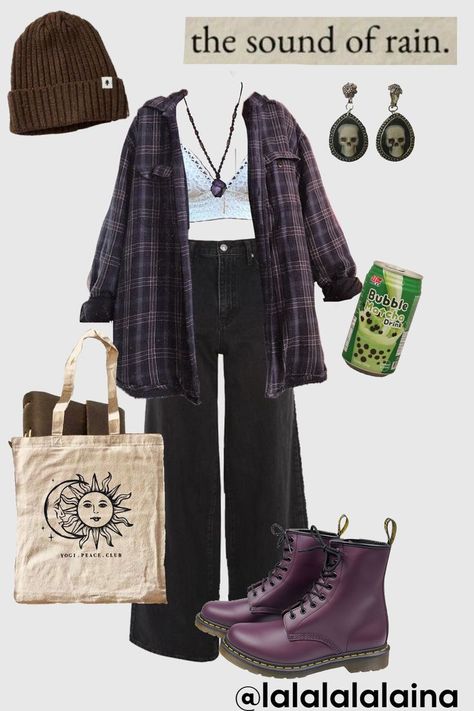 Outfit Inspo Jacket, Grungy Outfit Inspiration, Nonbinary Femme Fashion, Grungy Clothes, Purple Grunge Outfits, Dark Hippie Outfits, Bookworm Outfit, Grunge Core Aesthetic, Top 10 Halloween Costumes