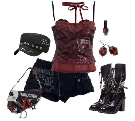 Red Clothing Aesthetic, Y2k Red Outfit, Red Y2k Outfit, Rockstar Fashion, Goth 2000s, Trashy Outfits, Gothic Emo, Streetstyle Fashion, 2000s Fashion Outfits